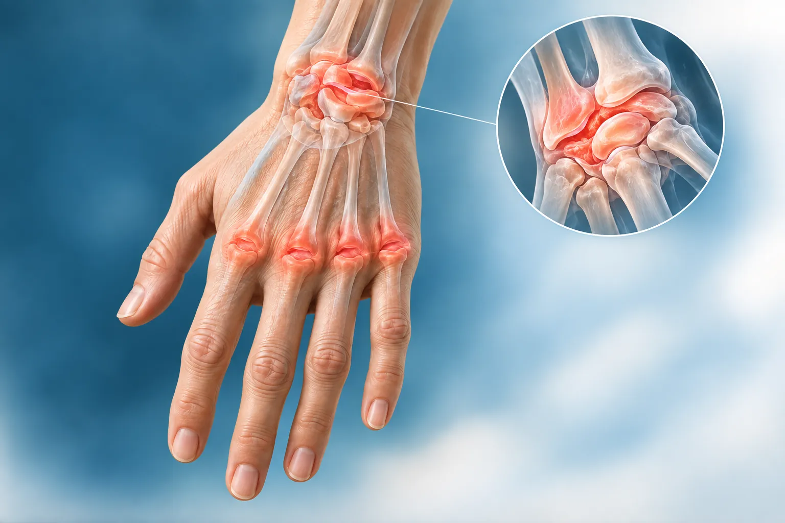 Ilustración médica de una mano con inflamación articular por artritis reumatoide