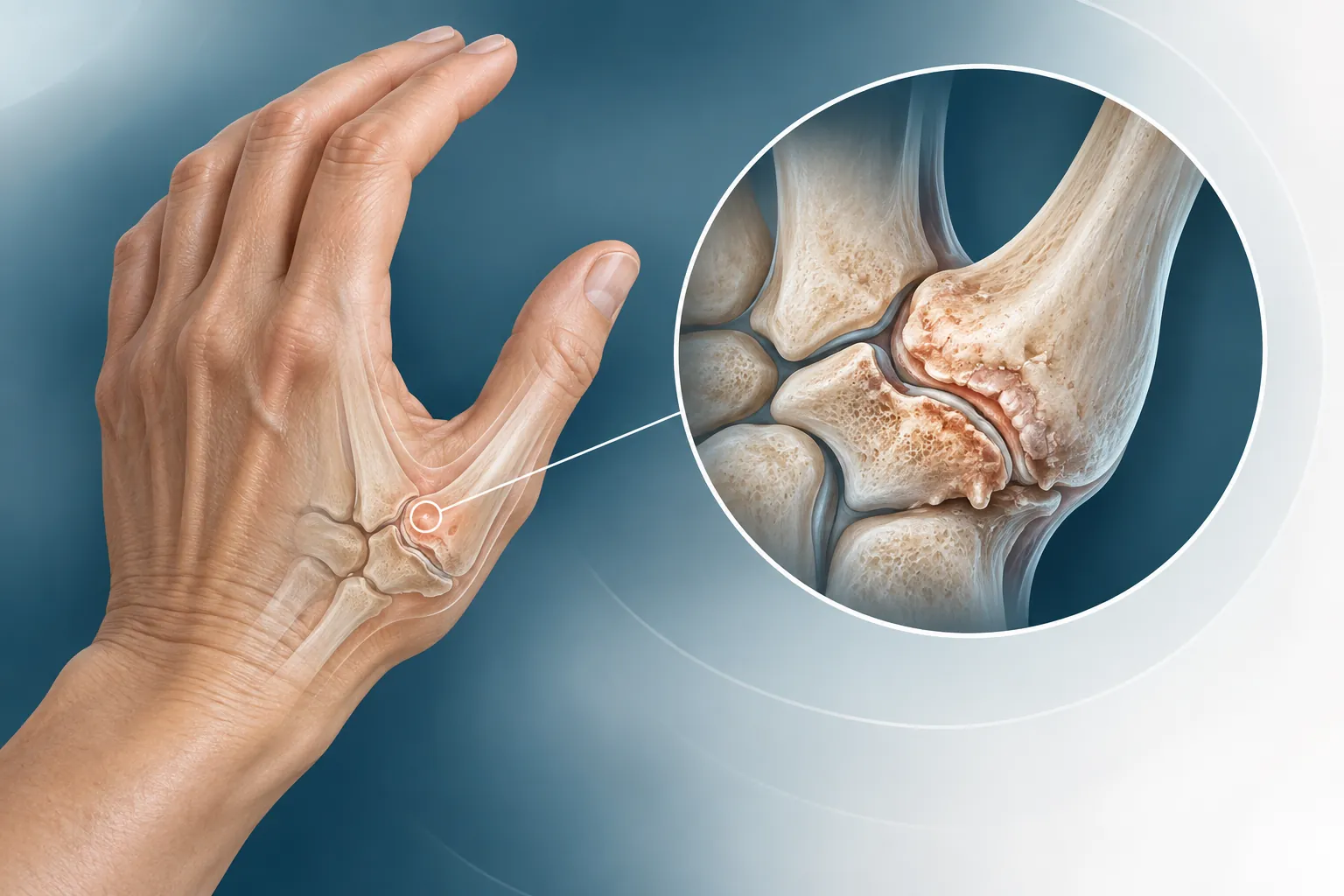 Ilustración médica de rizartrosis en la articulación de la base del pulgar