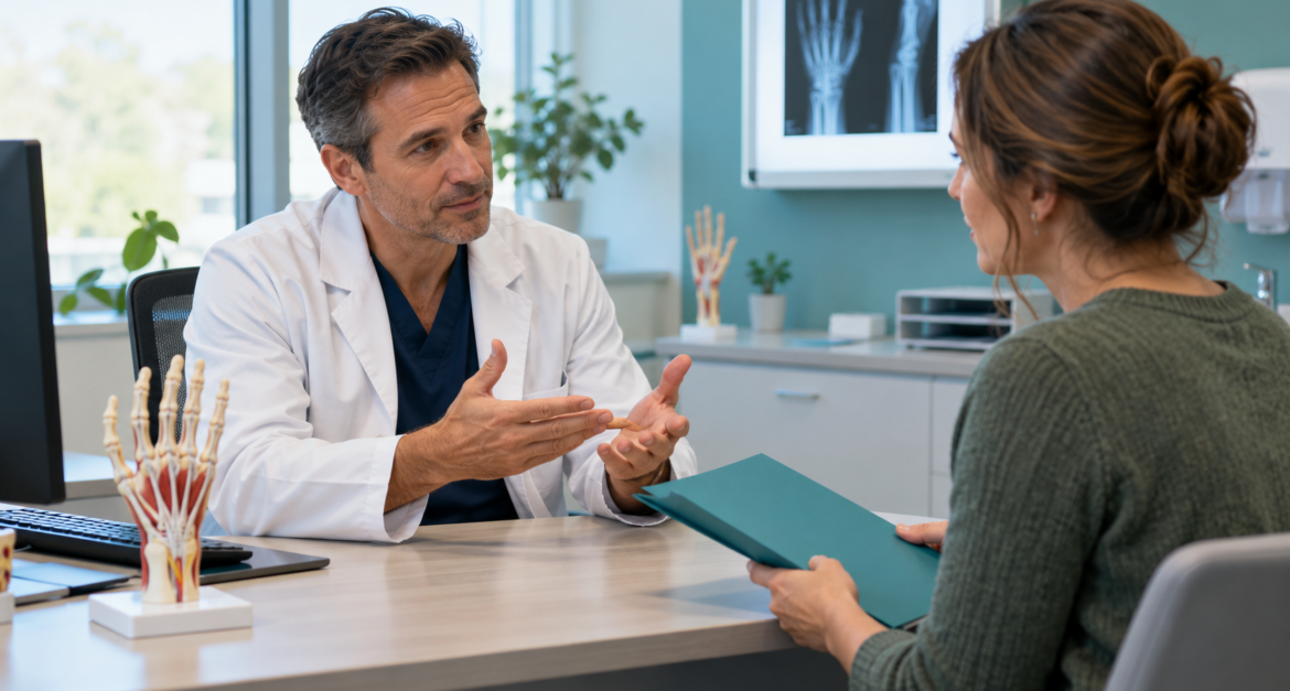 Cirujano de mano conversa con un paciente que prepara su primera consulta