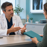 Cirujano de mano conversa con un paciente que prepara su primera consulta