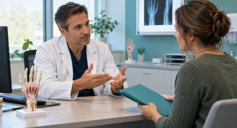 Cirujano de mano conversa con un paciente que prepara su primera consulta